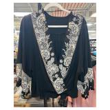 Black Blouse with White Embroidered Floral Accents