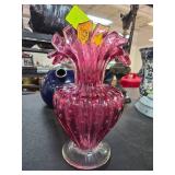 Pink Handblown Glass Vase With Ruffled Rim