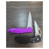 Two Folding Knives with Purple and Black Handles