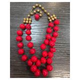 Red Glass Beaded Necklace with Brass Accents