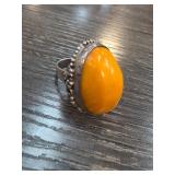 Silver Ring with Orange Cabochon and Ornate Band