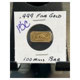 1 Gram 100 Mills .999 Fine Gold Bar