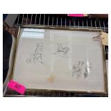 Framed Sketch Drawings of Dogs in Gold Frame