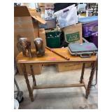 Wooden Table With Figures, Flute, and Case