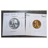 1962 Silver Quarter and 1961 Penny Proofs