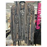 Gray Open-Front Fringe Cardigan