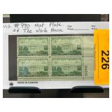 US #990 Mint Plate Block White House Stamps