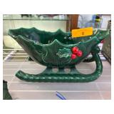 Green Ceramic Sleigh with Holly Design