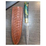 Knife with Damascus Blade and Leather Sheath