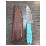 Handmade Knife with Blue Handle and Leather Sheath