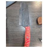 Handmade Knife With Textured Blade and Red Handle
