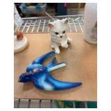 Porcelain Cat Figurine and Blue Bird Decoration