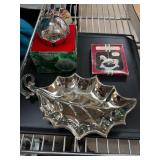 Silver Plate Holiday Tray and Bell Ornament Set