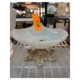 Opalescent Glass Dish with Ornate Metal Base