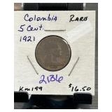 1921 Colombia 5 Cent Coin in Holder