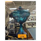 Blue Iridescent Glass Lidded Compote