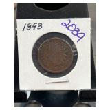 1893 US Indian Head Cent in Display Holder