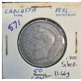 1944 Canada 50 Cents Silver Coin