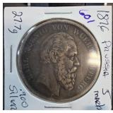 1876 Prussia 5 Mark Silver Coin