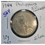 1944 Philippines 50 Centavos Silver Coin