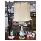 White Glass Lamp with Floral Details and Shade
