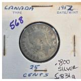1952 Canadian 25-Cent .800 Silver Coin