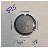 1865 Three-Cent Nickel Coin in Holder