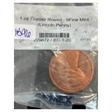 1 oz Copper Round " Lincoln Penny Design