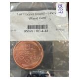 1 Oz Copper Round " Lincoln Wheat Cent Design