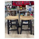 Black Wood and Woven Seat Stools