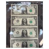 1985 Uncut Sheet of Four $1 Notes