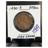 1930-S Lincoln Wheat Cent, EF/AU, High Grade
