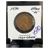 1930 Lincoln Wheat Cent, Graded XF/AU