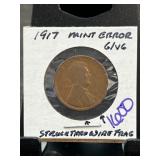 1917 Lincoln Wheat Cent Mint Error Coin