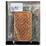 2011 .999 Fine Copper Bar with USA Pattern