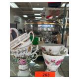 Fine Bone China Tea Cups and Silver-Tone Dish