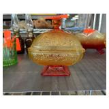 Amberina Glass Covered Dish with Floral Design