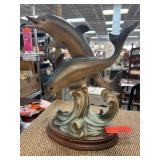 Dolphin Sculpture by E. Stoti on Wooden Base