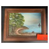 Framed Landscape With Sailboat Painting