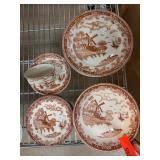 Brown Transferware Dish Set with Windmill Motif