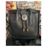 Black Leather Drawstring Bag with Metal Accents