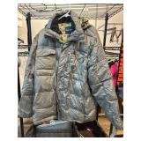 Jib Hunt Gray Puffer Jacket with Camo Hood