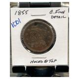 1855 Large Cent Holed Coin with Fine Detail
