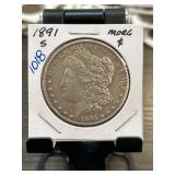 1891-S Morgan Silver Dollar in Display Case