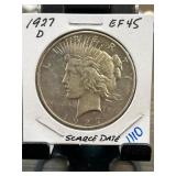 1927-D Peace Silver Dollar, EF45 Condition