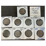Nine Buffalo Nickels with Various Grades
