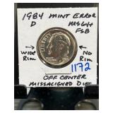 1984 D Roosevelt Dime Mint Error MS64 FSB