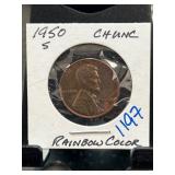 1950-S Lincoln Wheat Penny with Rainbow Color