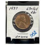 1937 Lincoln Wheat Cent Graded 63/64 RB