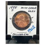 1988-D Lincoln Cent Mint Error 66 RD